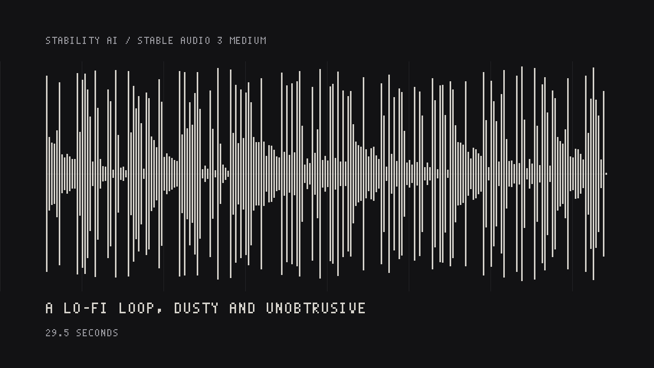Beispiel erstellt mit Stable Audio 3 Medium: A looping lo-fi beat with dusty vinyl crackle, a muted rhodes chord, soft kick and rimshot, steady and unobtrusive