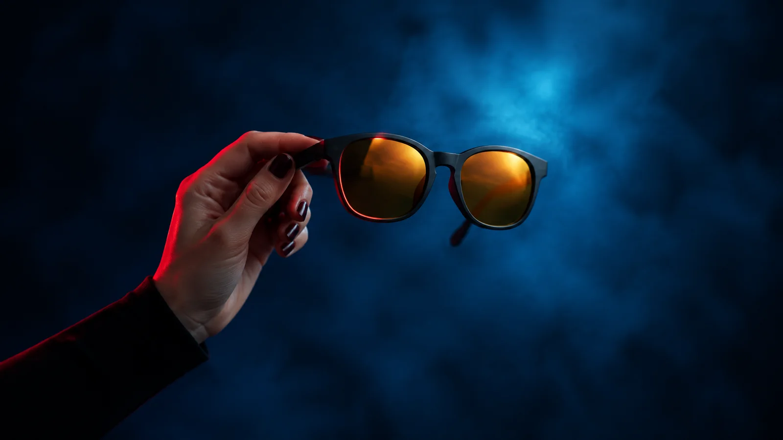 The start frame: a hand with dark nails holds black sunglasses with amber mirrored lenses by the temple arm in a red beam against blue haze