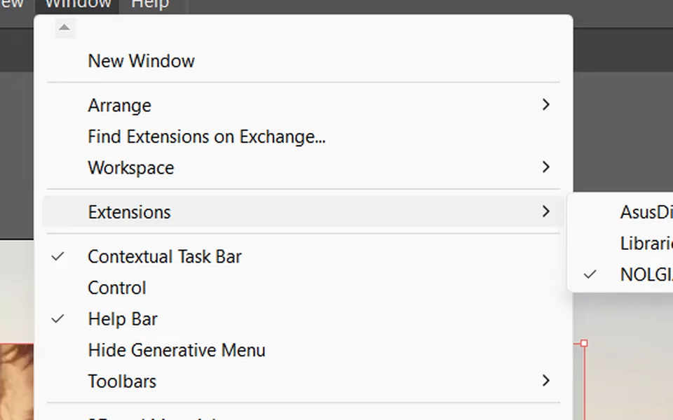 Illustrator's Window menu open on Extensions, NOLGIA.