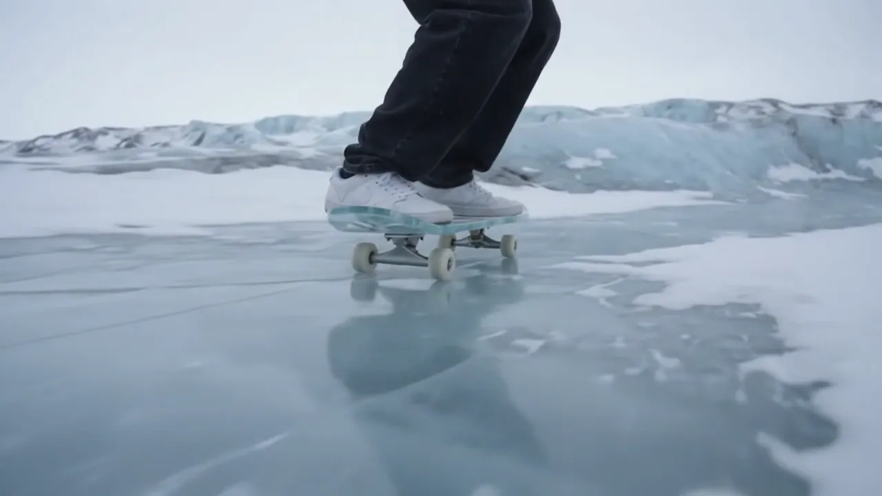 The kept take: the same sneakers on a board of ice on a glacier in cold light