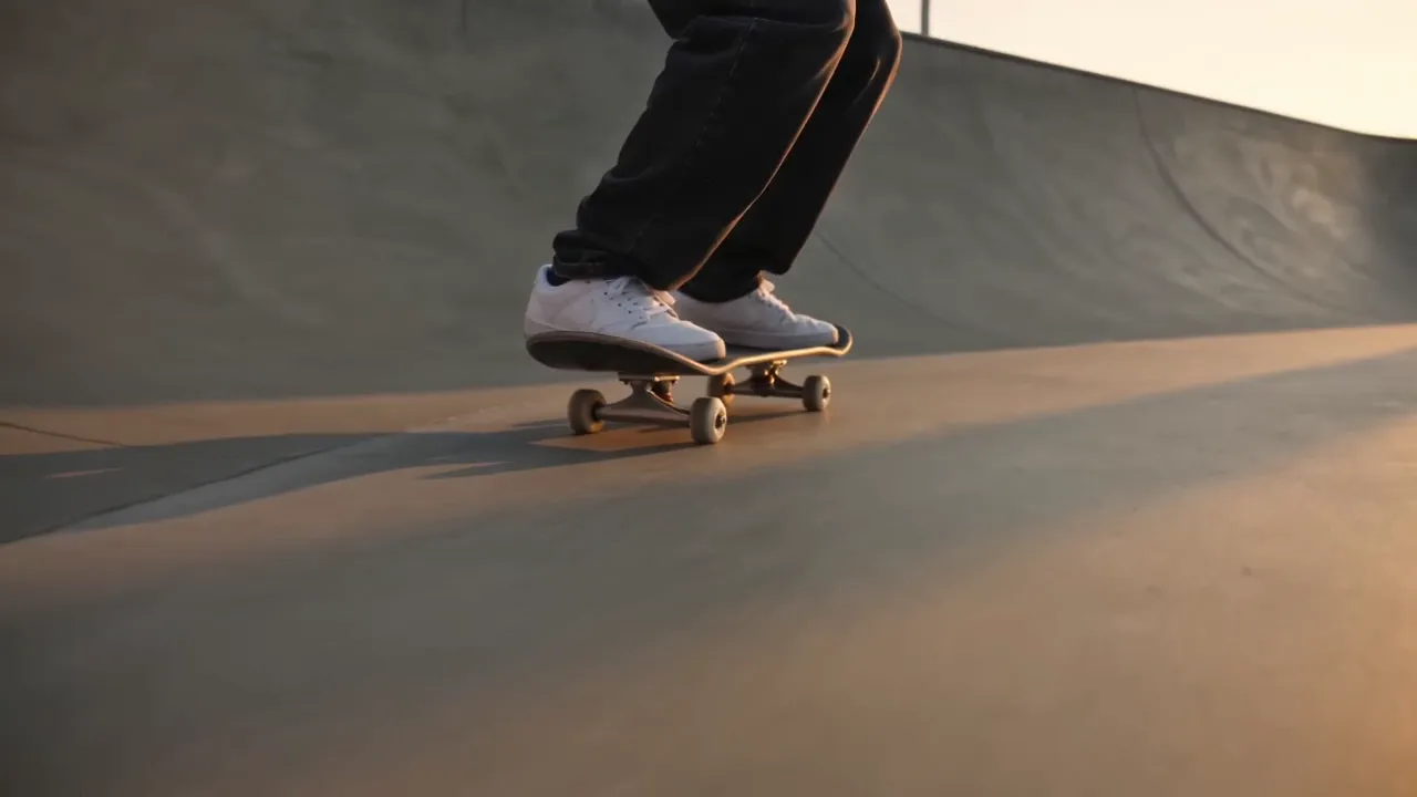 Source frame at 2.2 seconds: sneakers on a black skateboard in a concrete bowl