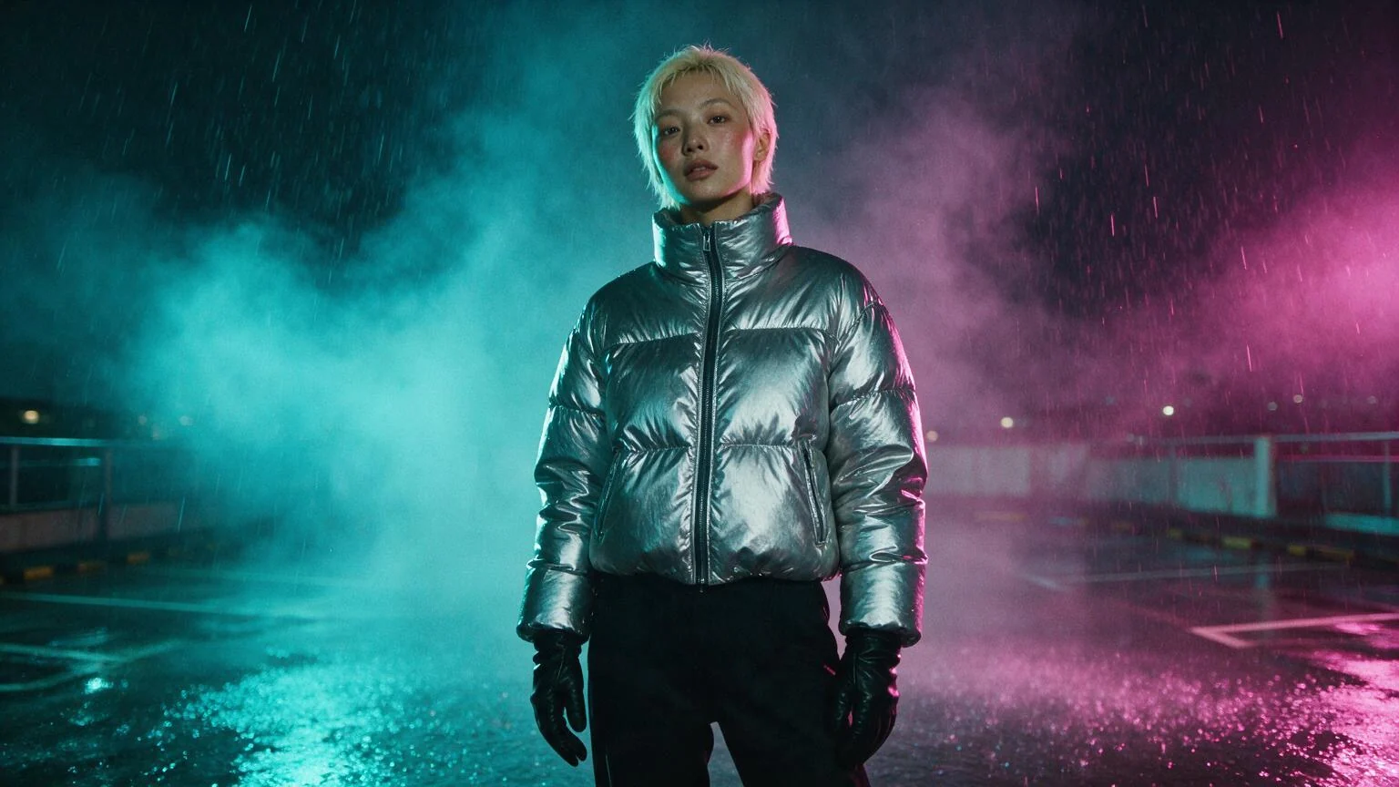 A young woman with short bleached hair in a silver puffer jacket zipped to the chin and black gloves, standing in heavy rain on a flooded rooftop car park lit cyan from the left and magenta from the right