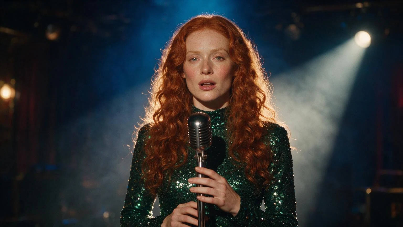 A woman singer with long red curly hair in a long-sleeved high-necked dress covered in dark green sequins at a vintage chrome microphone on a small stage, warm tungsten key light, blue backlight and smoke