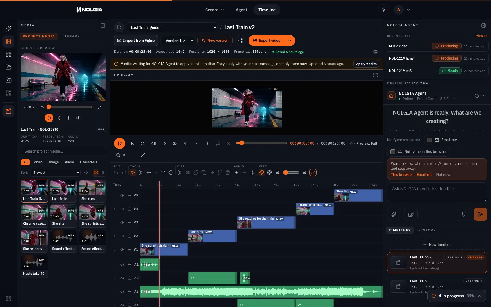 Studio on a computer: five clips staggered across five tracks in sequence, the sound effects and the score on audio tracks beneath, Vale mid-run in the program monitor