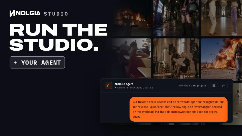 NOLGIA Studio, leite das Studio, plus dein Agent: Der Chat des NOLGIA Agent mit einem Briefing für einen Schnitt liegt über einer Wand aus neun auf NOLGIA erstellten Videos von Seedance 2.5, von einem brennenden Haus bis zu einem Lama in einer Sitznische im Diner und einem Bison, der auf einem Rasen in der Vorstadt grast.