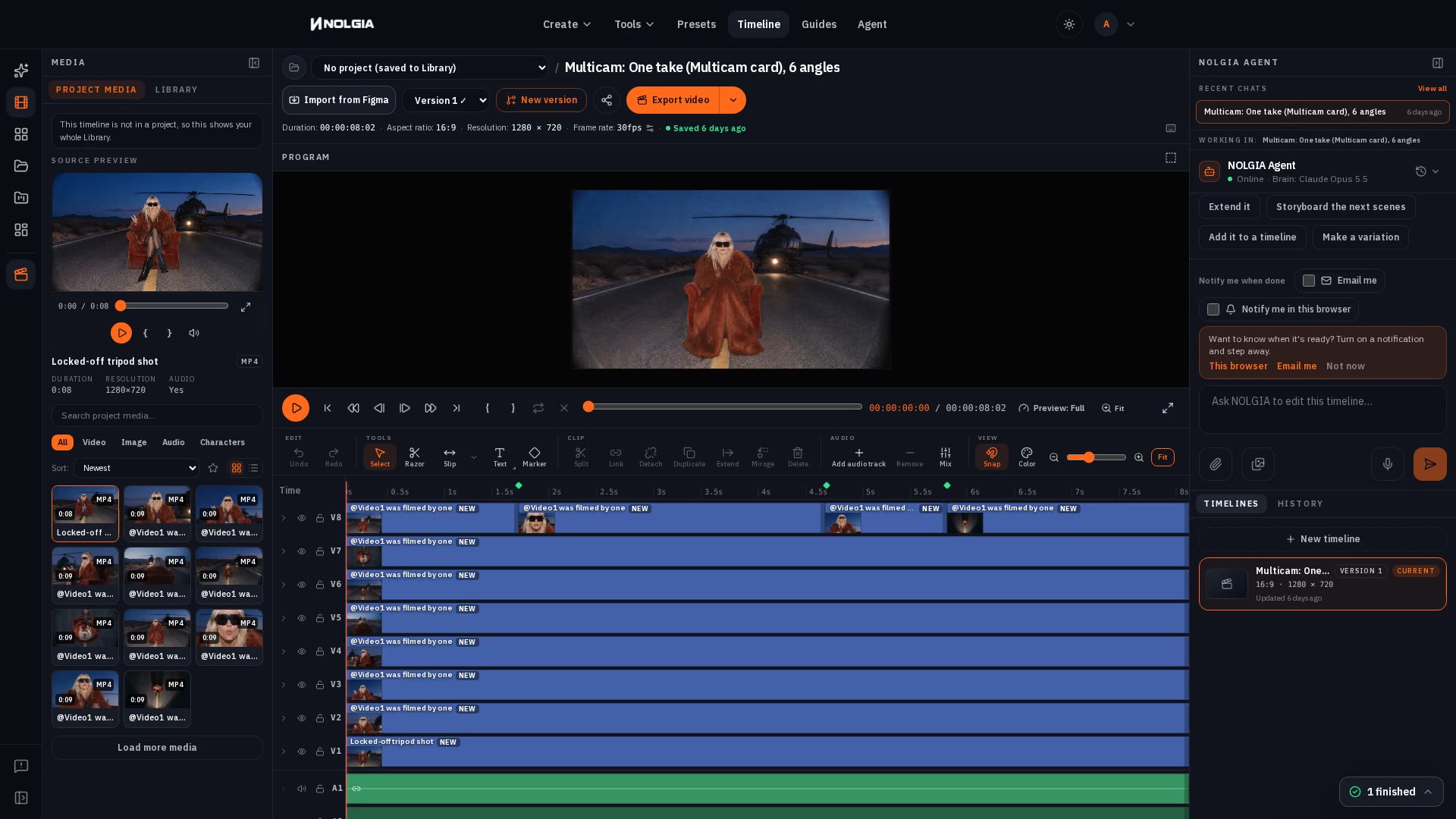 Der NOLGIA Agent produziert einen Clip und übergibt dann an den Timeline-Editor von Studio, wo mehrere Clips zu einem Mehrspurschnitt montiert werden.