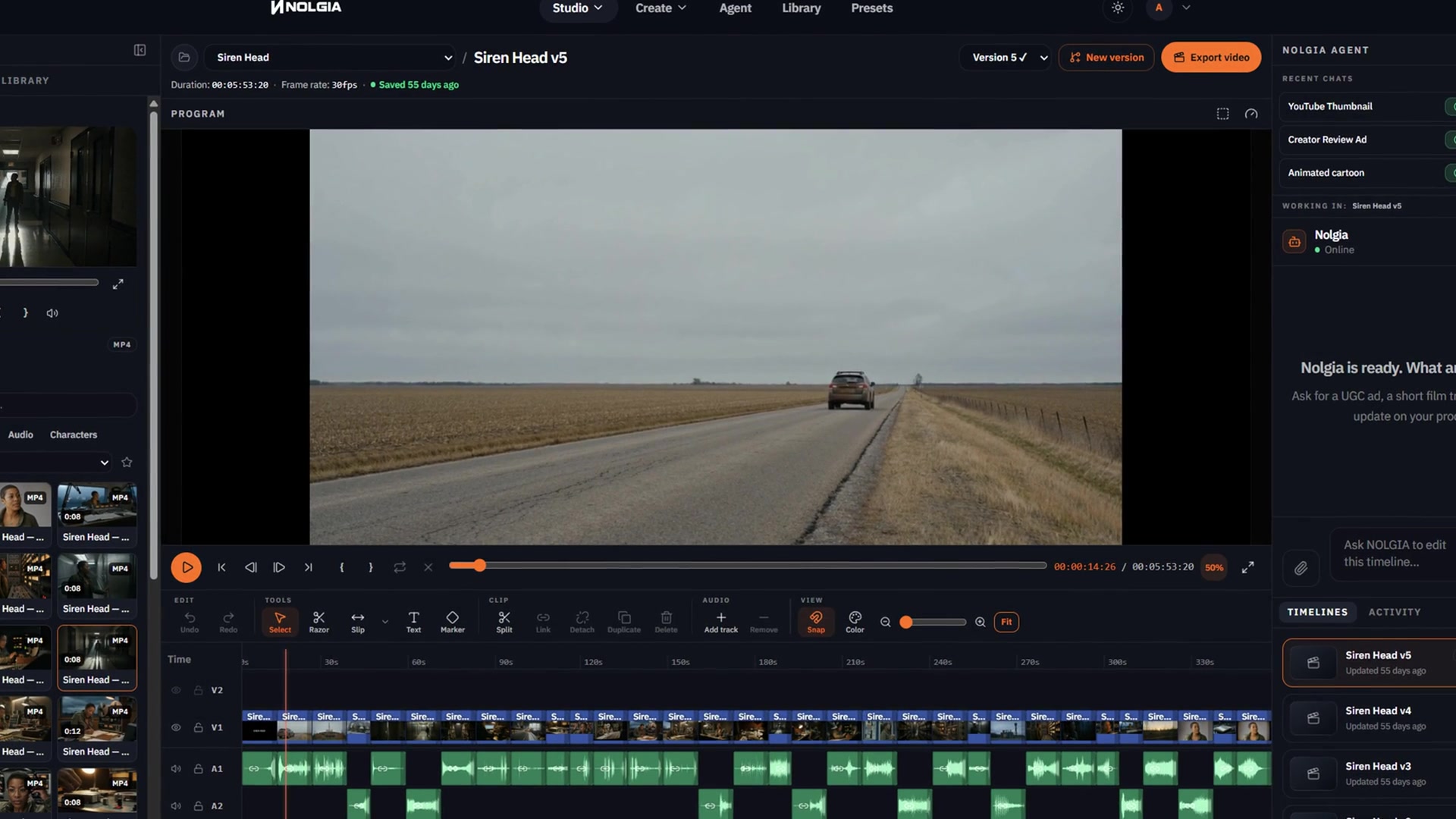 The NOLGIA Agent producing a clip, then handing off into the Studio timeline editor where multiple clips are assembled into one multitrack cut.