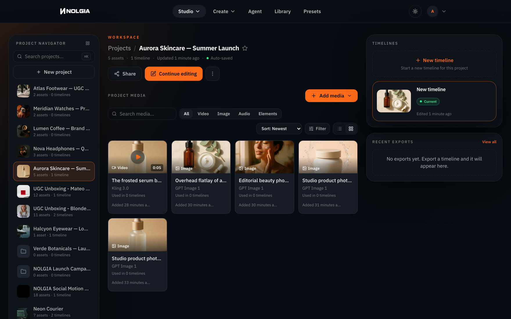 The NOLGIA Studio workspace: a project navigator, a media grid of real generated clips, and the timelines panel for the open project.