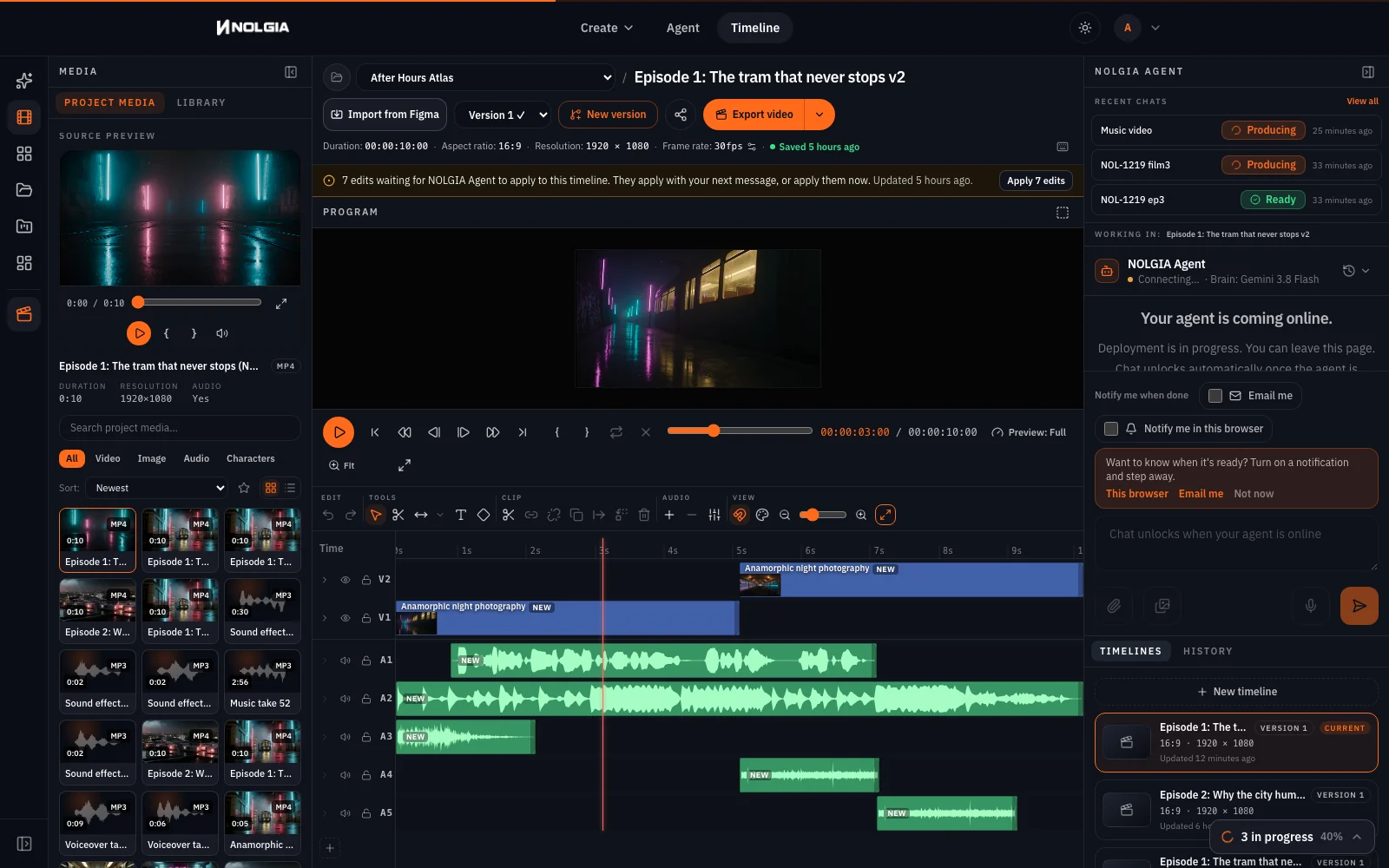 Studio with the two tram shots end to end on V1 and V2, the narration on A1 from 0.8 seconds, the score across A2 for all ten seconds, the tram sound on A3 and two rain cues on A4 and A5