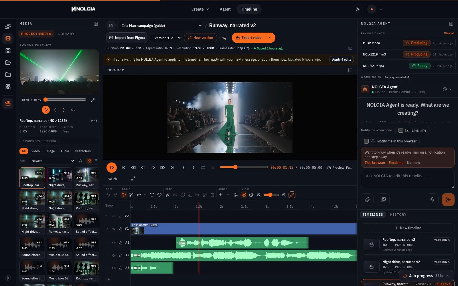 Studio with the runway clip on V1, the narration on A1 from one second, a five-second window of the music bed across A2 and the camera shutters on A3 for the first second