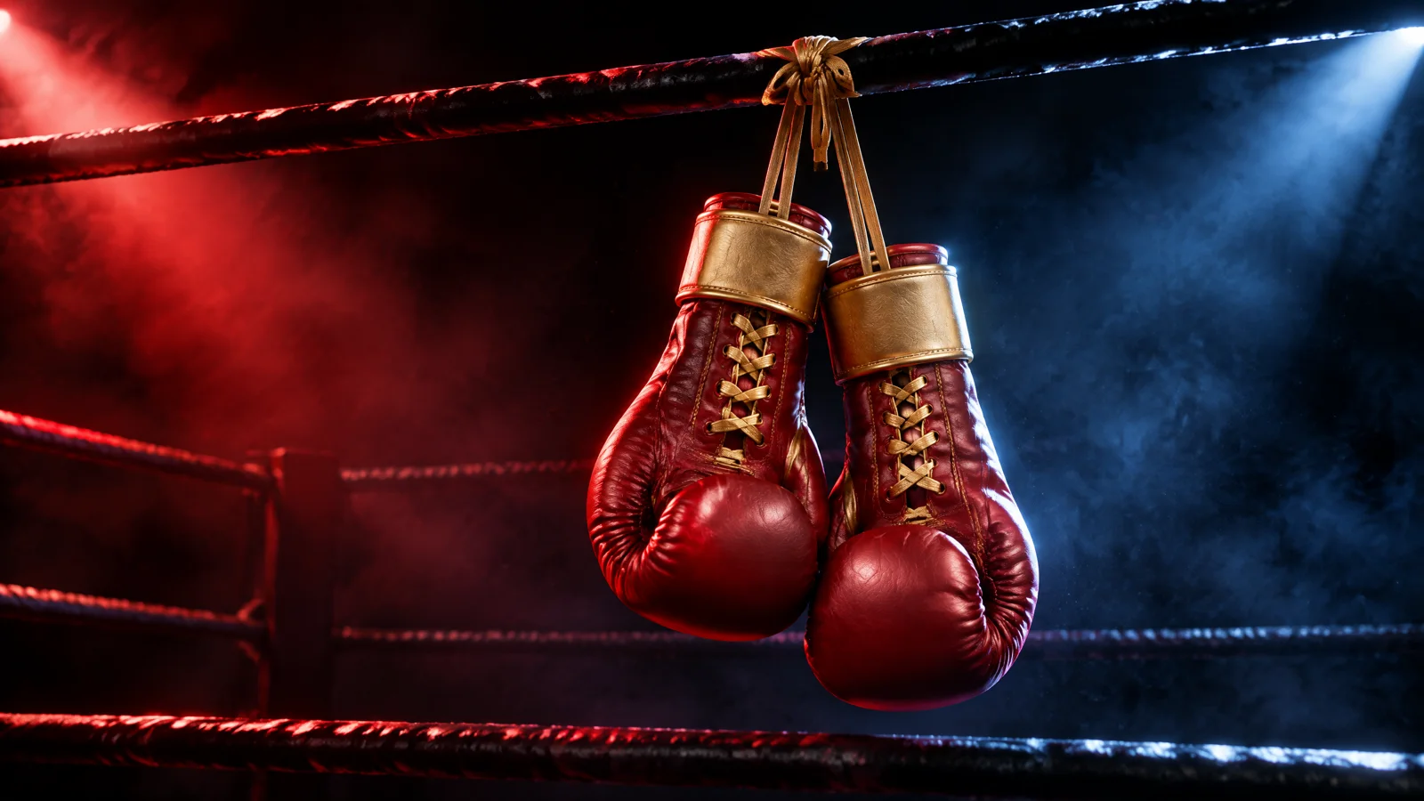 The same gloves hanging from a ring rope under red and blue light with haze
