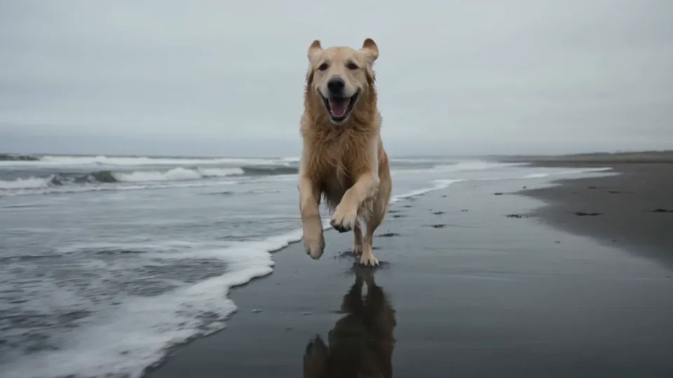 The source clip: a golden retriever running toward the camera along a grey beach at the water's edge