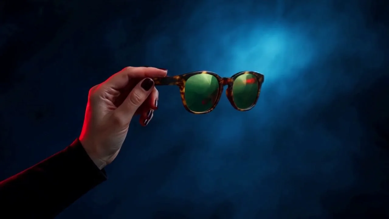The same hand and red light, now raising tortoiseshell sunglasses with green mirrored lenses