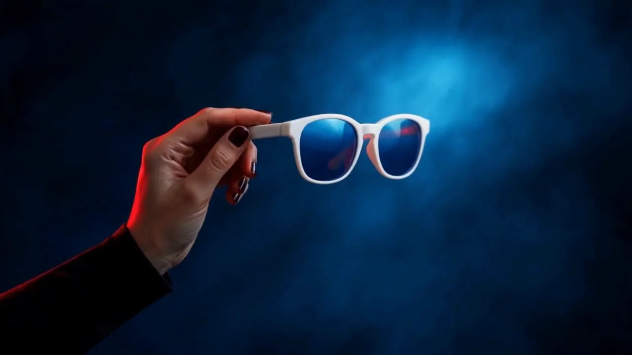 The same hand and red light, now raising white sunglasses with blue mirrored lenses