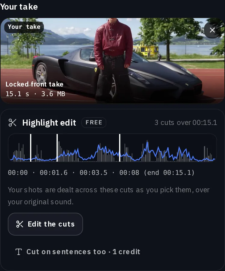 The Your take tile with the Ferrari take, its length and size, and under it the Highlight edit card with the take's sound, three cuts and their times