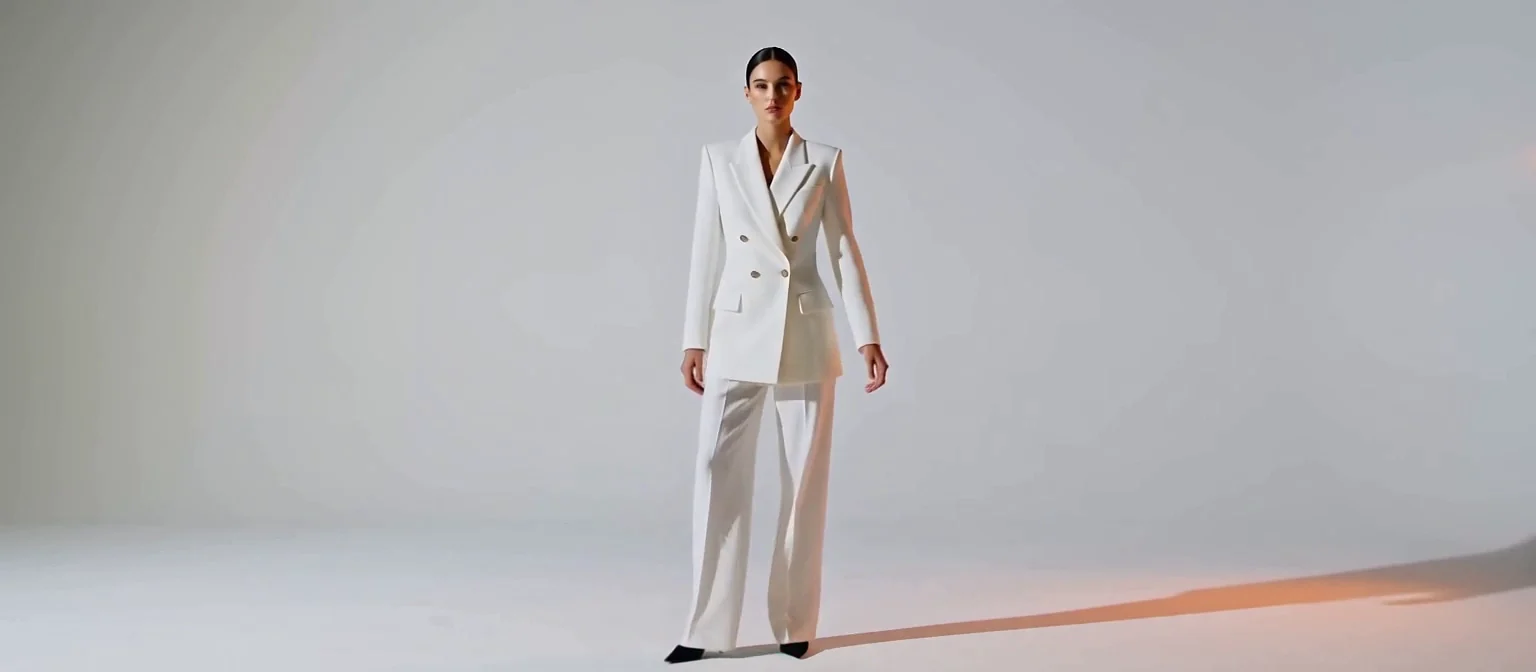 A widescreen clip of a woman in a white suit walking from the left edge of a white studio to the centre and turning to the camera, an orange light throwing her shadow across the floor