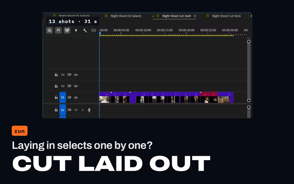 تضع اللقطات المختارة واحدة تلو الأخرى؟ المونتاج جاهز: تسجيل شاشة للمخطط الزمني في Premiere Pro بينما يضع الوكيل اللقطات على تسلسل جديد واحدة تلو الأخرى، حتى المونتاج الكامل، 13 لقطة و31 ثانية.
