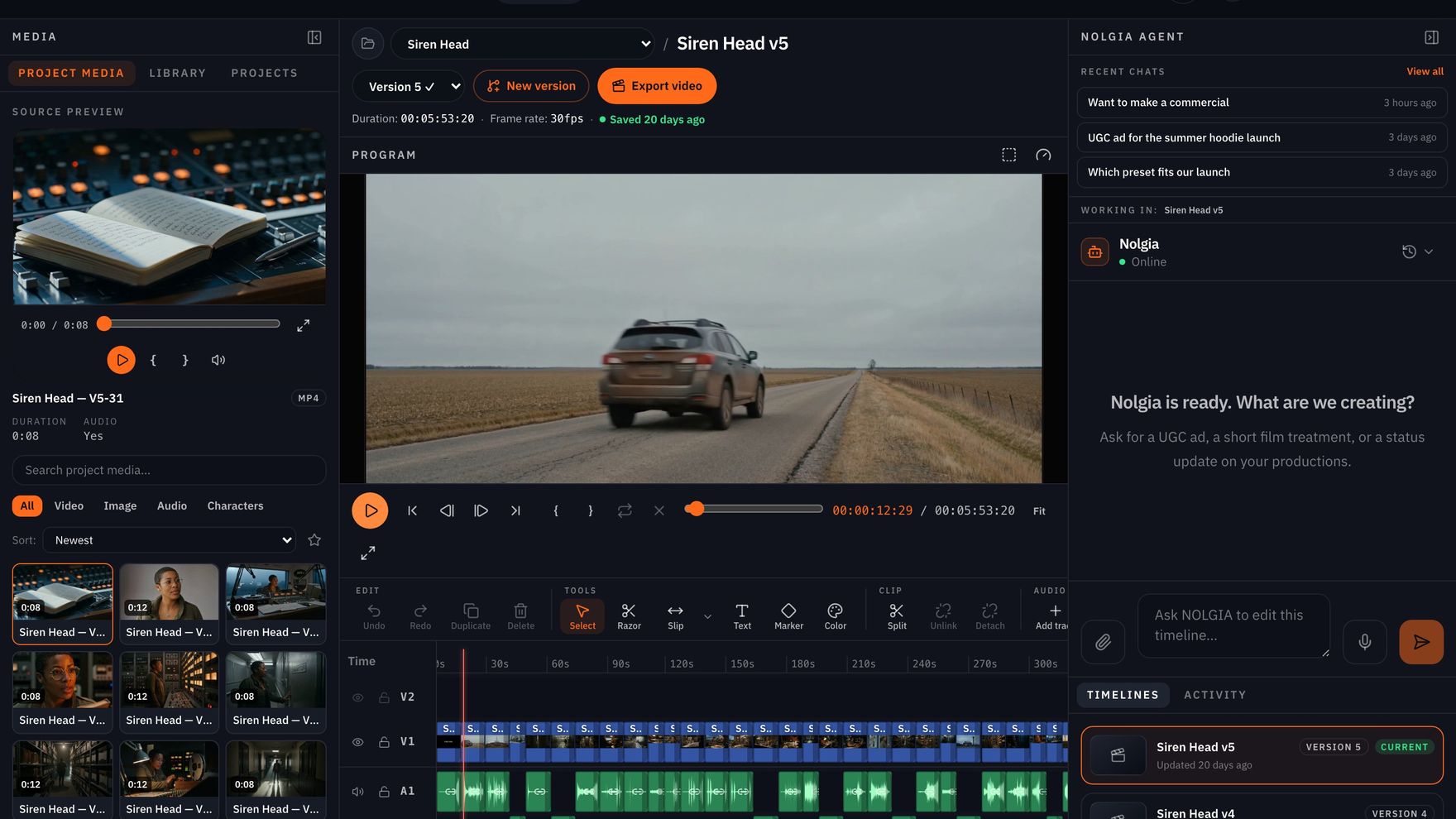 The NOLGIA Studio Timeline Editor: media panel of generated clips, program monitor playing the cut, and a multitrack timeline.