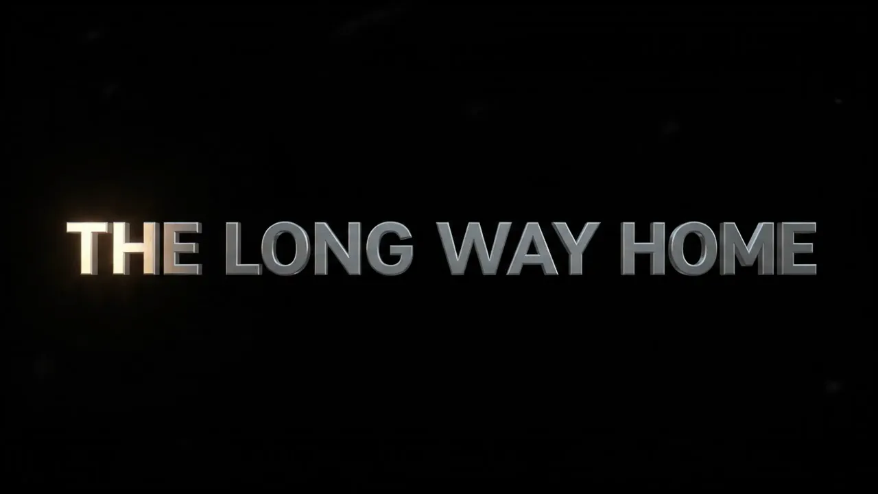 The words THE LONG WAY HOME in polished chrome capital letters on a black background, a faint light streak crossing them