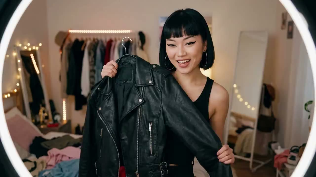 Hand-held UGC try-on of a camel blazer filmed at a mirror