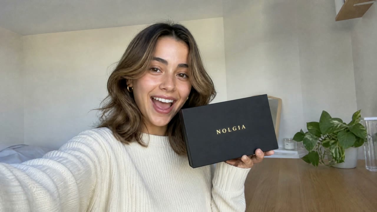 Selfie-style UGC unboxing: a creator presents a branded gift box to camera