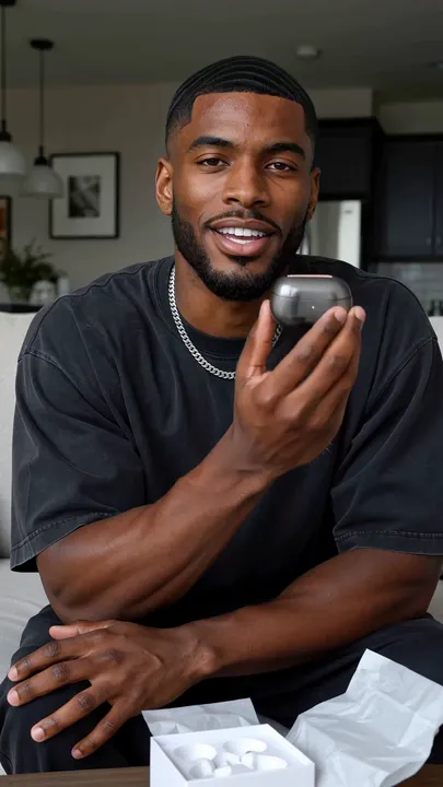 A creator on a sofa turns a small smoke grey earbud case toward the lens, with an open white box and tissue on the table in front.