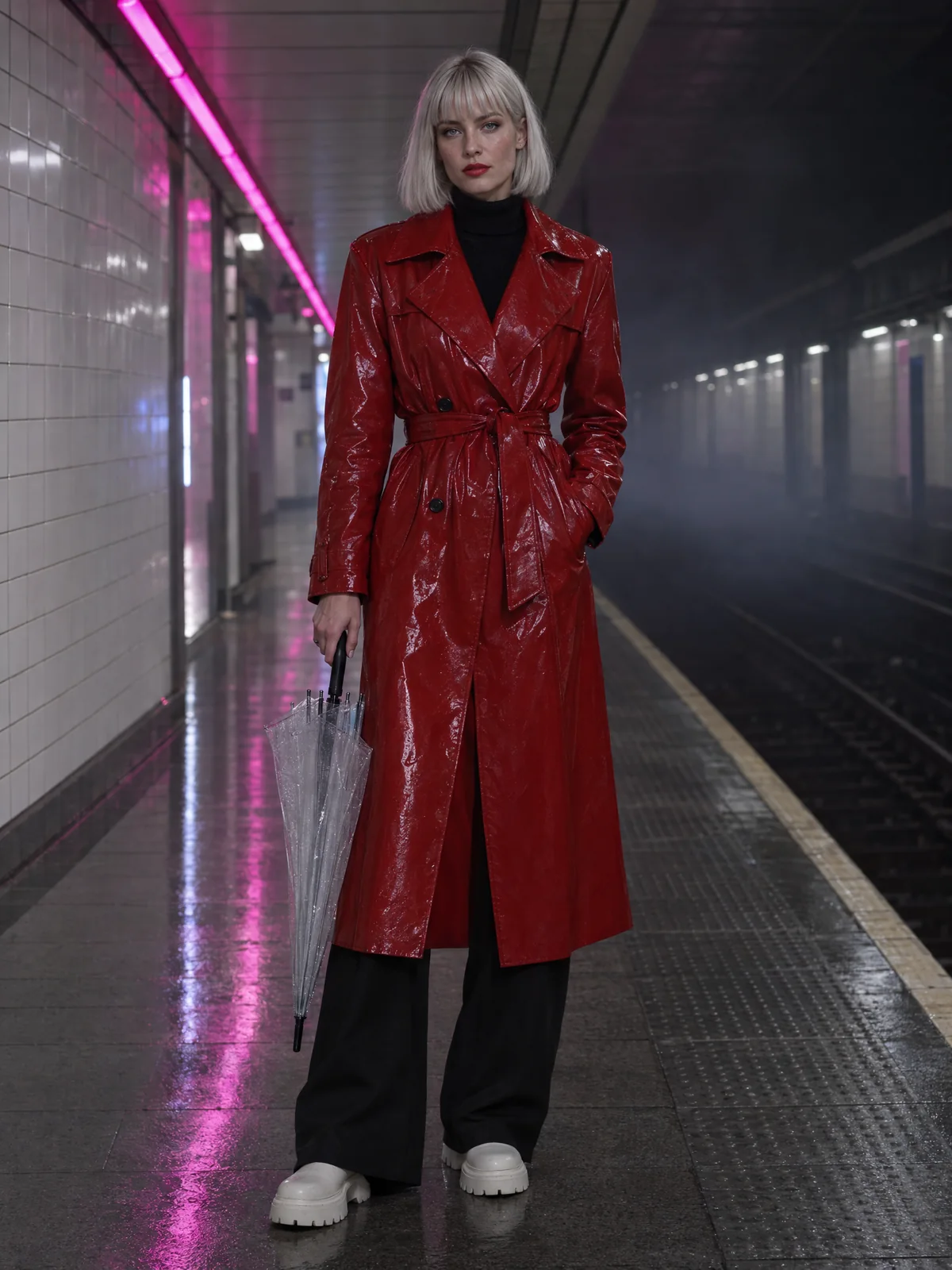 Vale's reference: a woman with a silver-blonde bob in a glossy red vinyl trench coat over a black turtleneck, black wide-leg trousers, chunky white boots, a folded clear umbrella