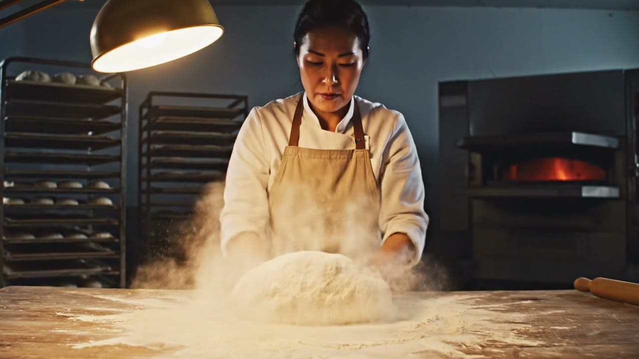Beispiel erstellt mit Veo 3.1 Fast: A baker turns a mound of dough on a floured bench in a dim bakery before dawn and mutters, "Almost ready." Oven hum and the soft slap of dough…
