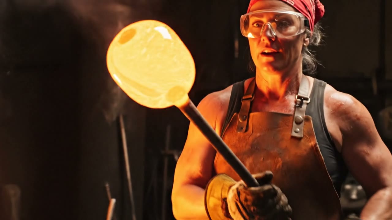 Veo 3.1로 만든 예시: A glassblower draws a glowing amber gather from the furnace, turns it once and says quietly, "There. That is the shape it wanted." Furnace roar and…