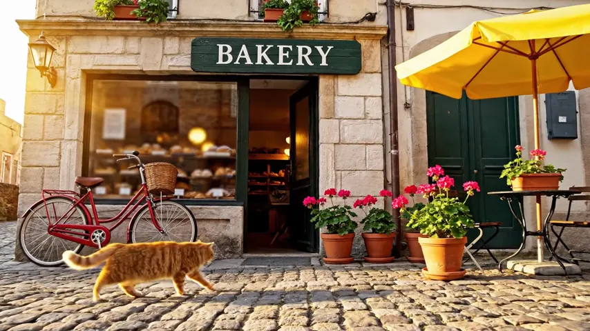 Veo 3.1: a bakery storefront with a green BAKERY sign, a red bicycle and three pots, the camera travelling toward the door