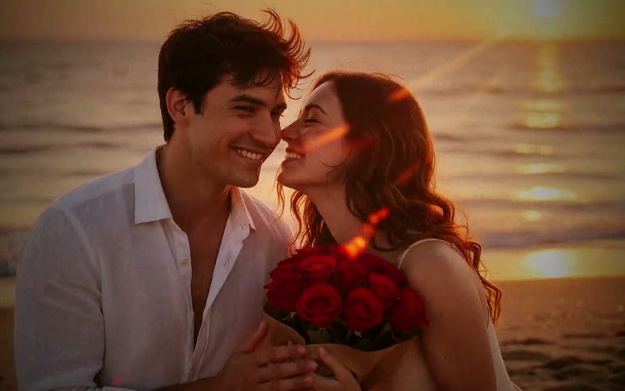 Graded still from a generated cinematic film scene: a couple with roses on a beach at sunset.