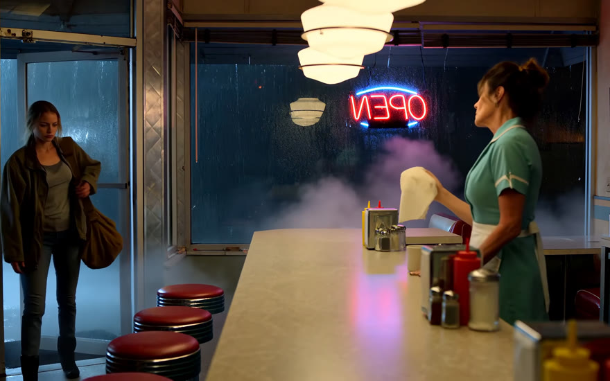 A film still from a NOLGIA cut: a woman stepping into a rainy diner as the waitress looks up from the counter.