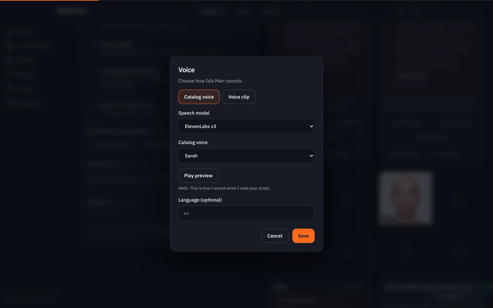 The Voice dialog for the character Isla Marr: Catalog voice selected, Speech model ElevenLabs v3, Catalog voice Sarah, a Play preview button with its sample line, an optional language field and a Save button