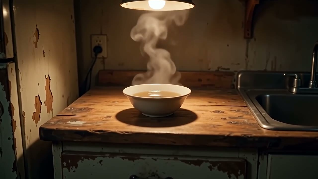 Beispiel erstellt mit Wan 2.6: Steam rises in slow curls from a bowl of broth on a worn wooden counter, a single warm overhead lamp above, everything else falling into darkness…
