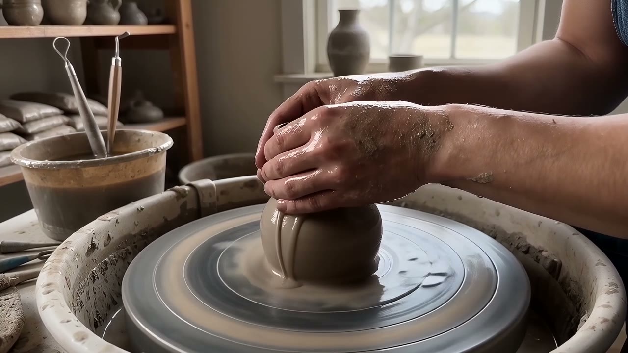 Beispiel erstellt mit Wan 2.7: Close on a pair of hands closing around spinning wet clay, the wall rising evenly under the thumbs, water running down. Warm north window light…