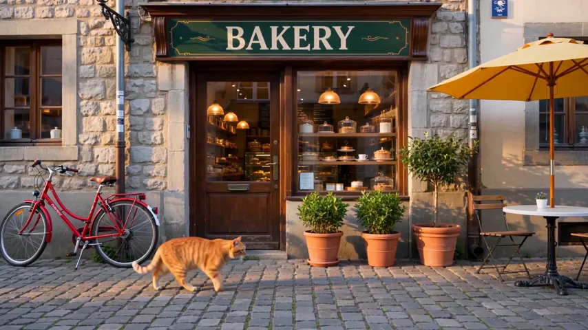 Wan 3.0: the bakery storefront on a cobbled street, rendered at 30 frames a second