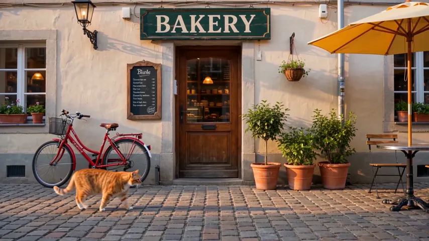 A bakery storefront on a cobblestone street with a green BAKERY sign, a red bicycle, three potted plants, a yellow umbrella and a ginger cat walking past, rendered by Wan 3.0, run 2.