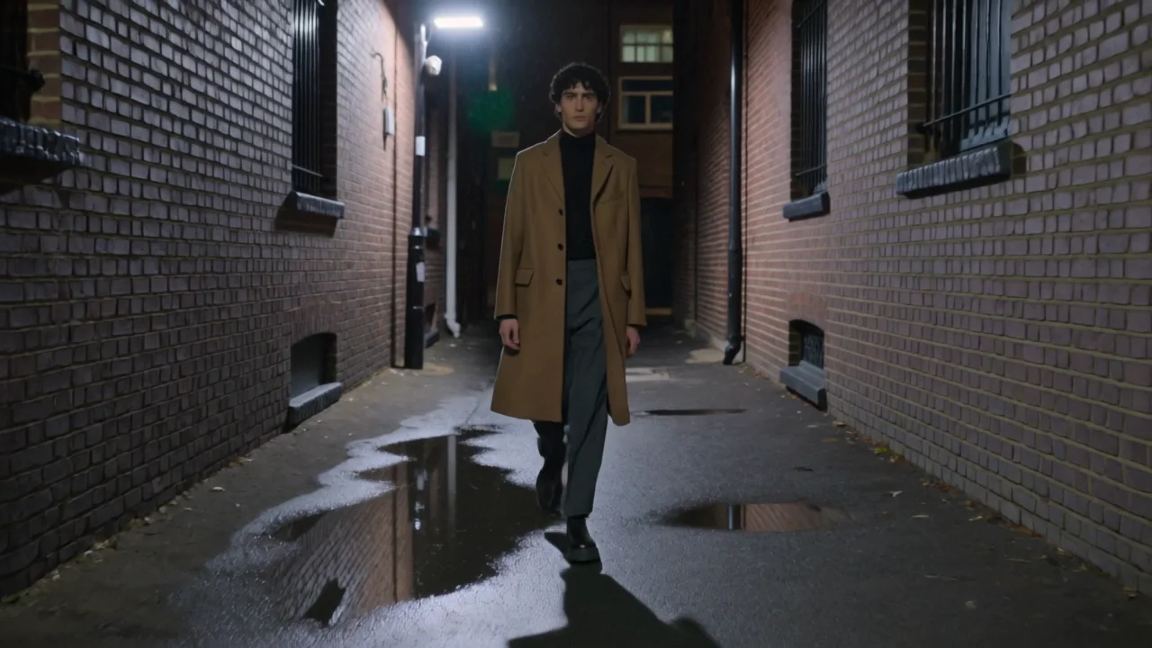 The weak prompt on Kling v3: a flat, cool alley with no clear source of light