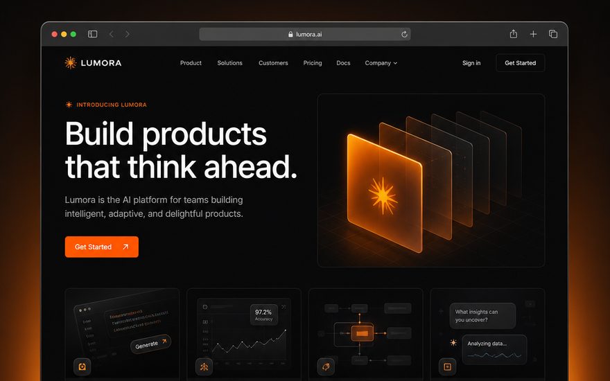 Generated mockup of a dark-theme startup landing page in a browser window.