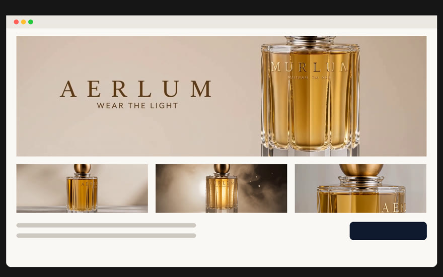 A browser frame around the AERLUM fragrance landing page: the brand hero above three product thumbnails.