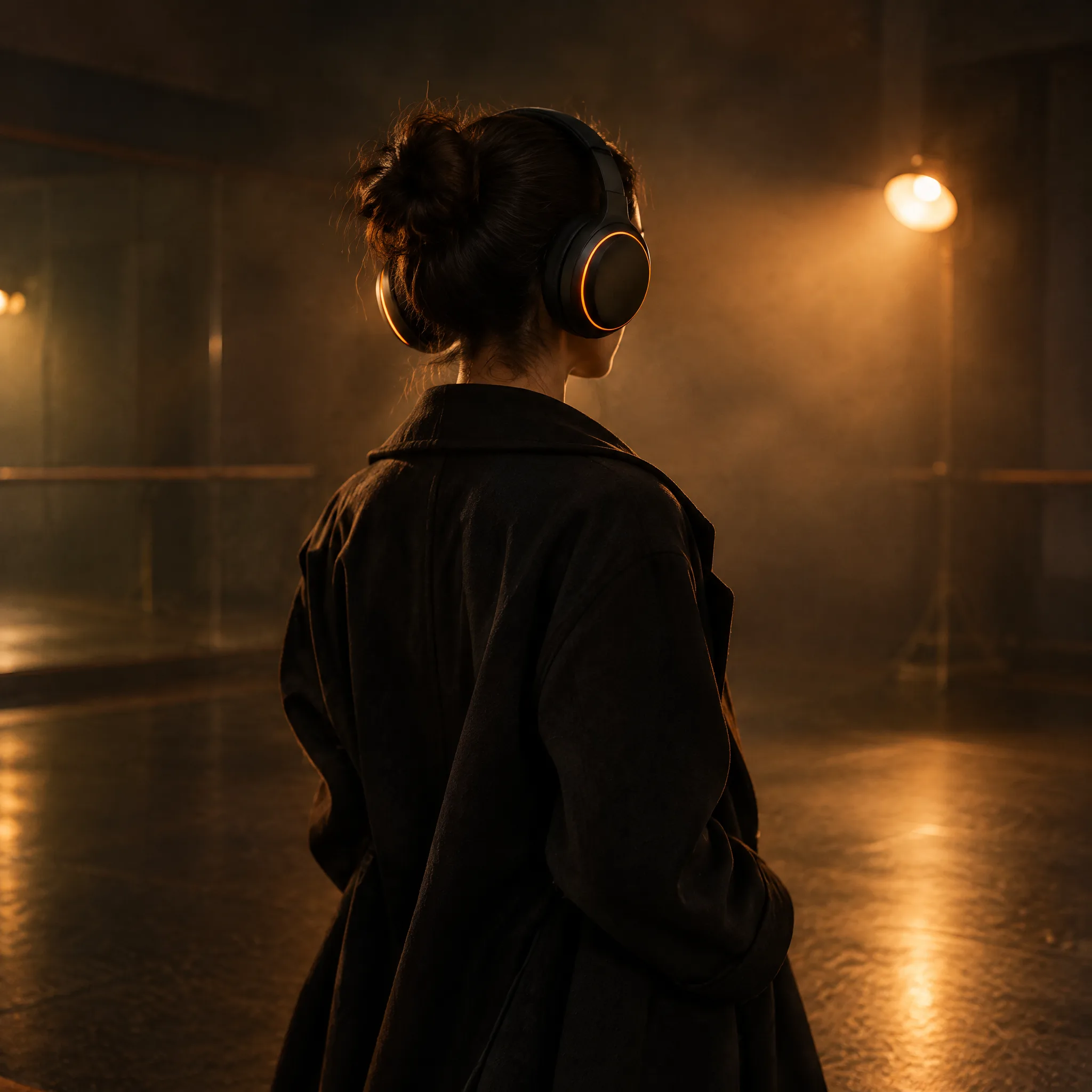 Una joven bailarina vista por detrás con un abrigo largo oscuro y los auriculares puestos en una sala de ensayo brumosa, una lámpara cálida, los anillos naranjas brillando, formato cuadrado.