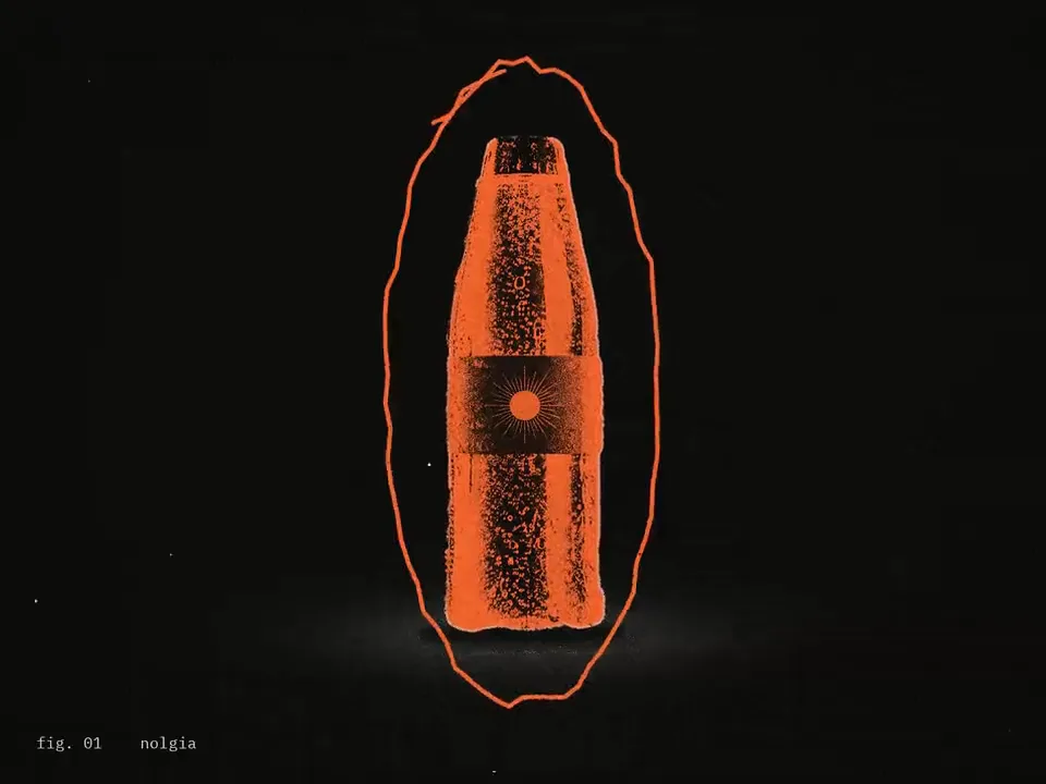 An orange bottle inked on black and white paper: figure labels, a pour into a glass, a lineup of bottles and an end card reading NOLGIA. poured gold.