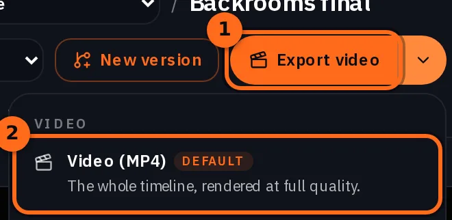 The Export video button with its menu open and the first choice, Video (MP4), marked as the default: the whole timeline, rendered at full quality
