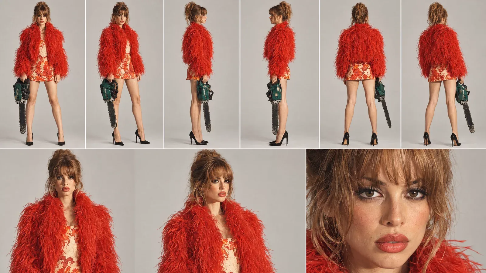 Una hoja de personaje sobre fondo gris: una mujer con pelo castaño despeinado y flequillo, chaqueta roja con plumas, minivestido rojo floral y tacones negros, sosteniendo una motosierra verde, vista de frente, de lado y de espaldas, con dos planos medios y un primer plano de su cara