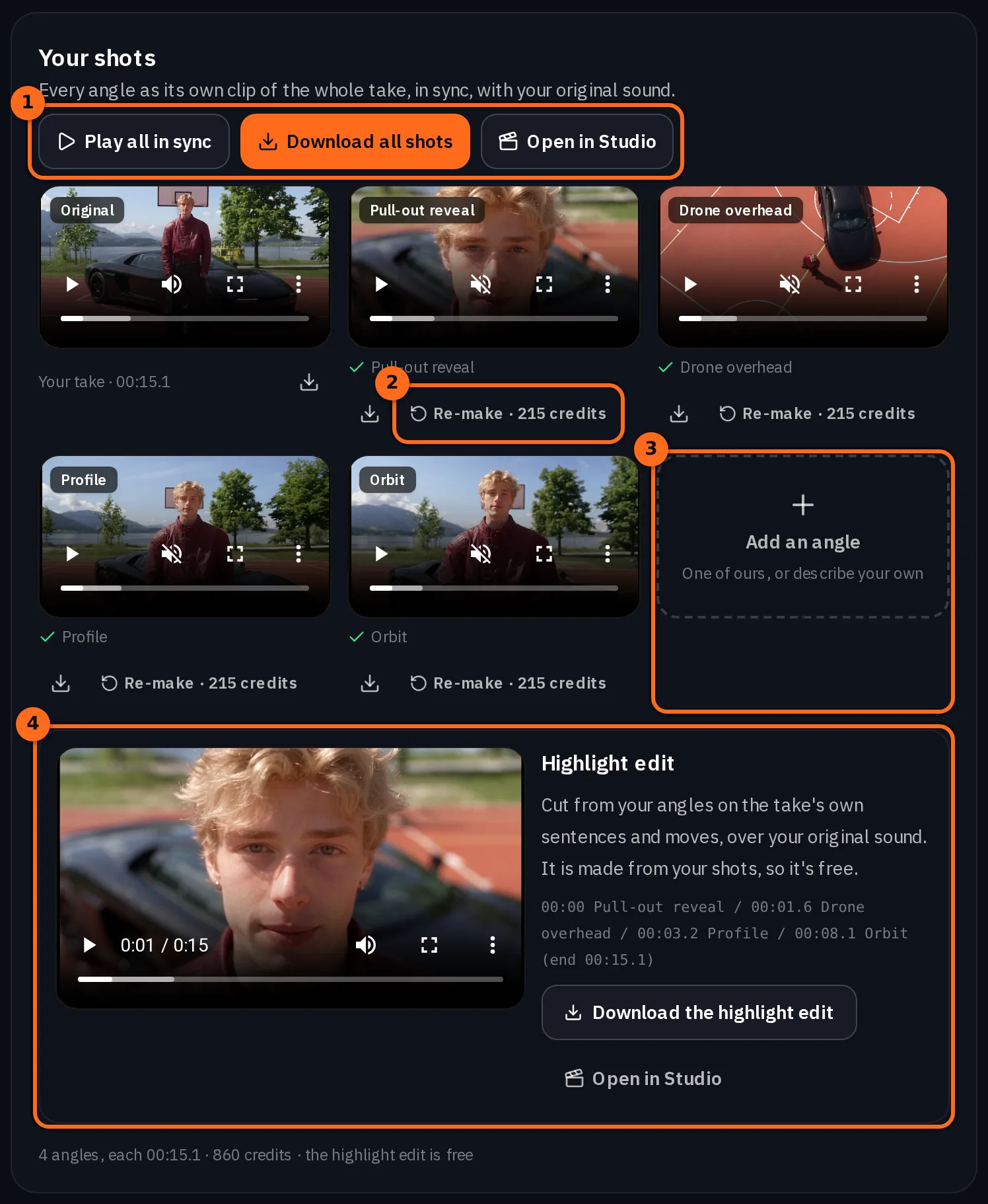 Das Ergebnis: der Original-Take und die vier Perspektiven in einem Raster, jeweils mit Download und Re-make, einer Kachel für Perspektive hinzufügen und der Highlight-Bearbeitung mit ihrer Schnittliste und ihrem Download