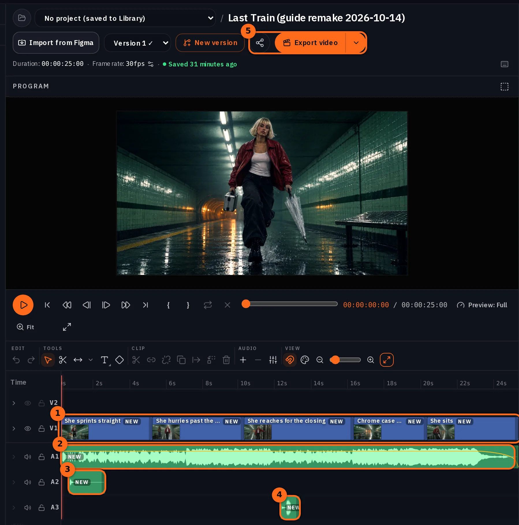 Studio con cinque marcature numerate: i cinque piani in sequenza su V1, la colonna sonora su A1, gli stivali che corrono su A2, le porte su A3 e il pulsante Esporta video; Vale a metà corsa nel monitor di programma