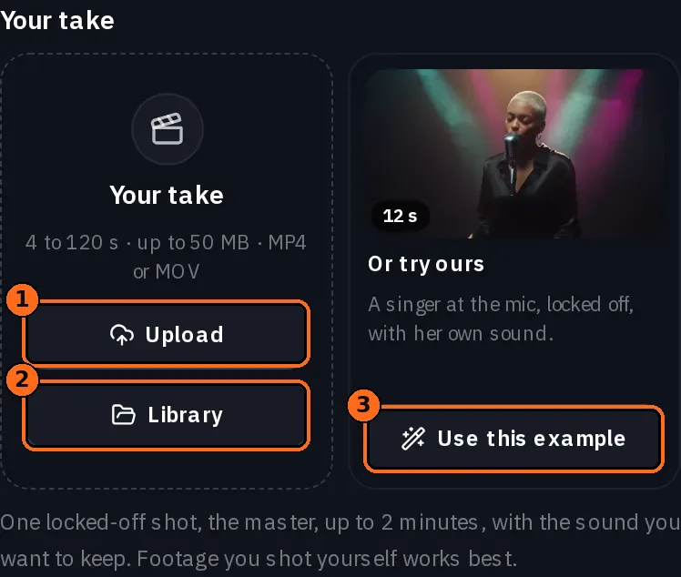 Die leere Kachel „Dein Take“ mit ihren Limits, 4 bis 120 Sekunden, max. 50 MB, MP4 oder MOV, den Buttons „Hochladen“ und „Mediathek“ sowie „Oder probiere unseren“ mit einem Button „Dieses Beispiel verwenden“