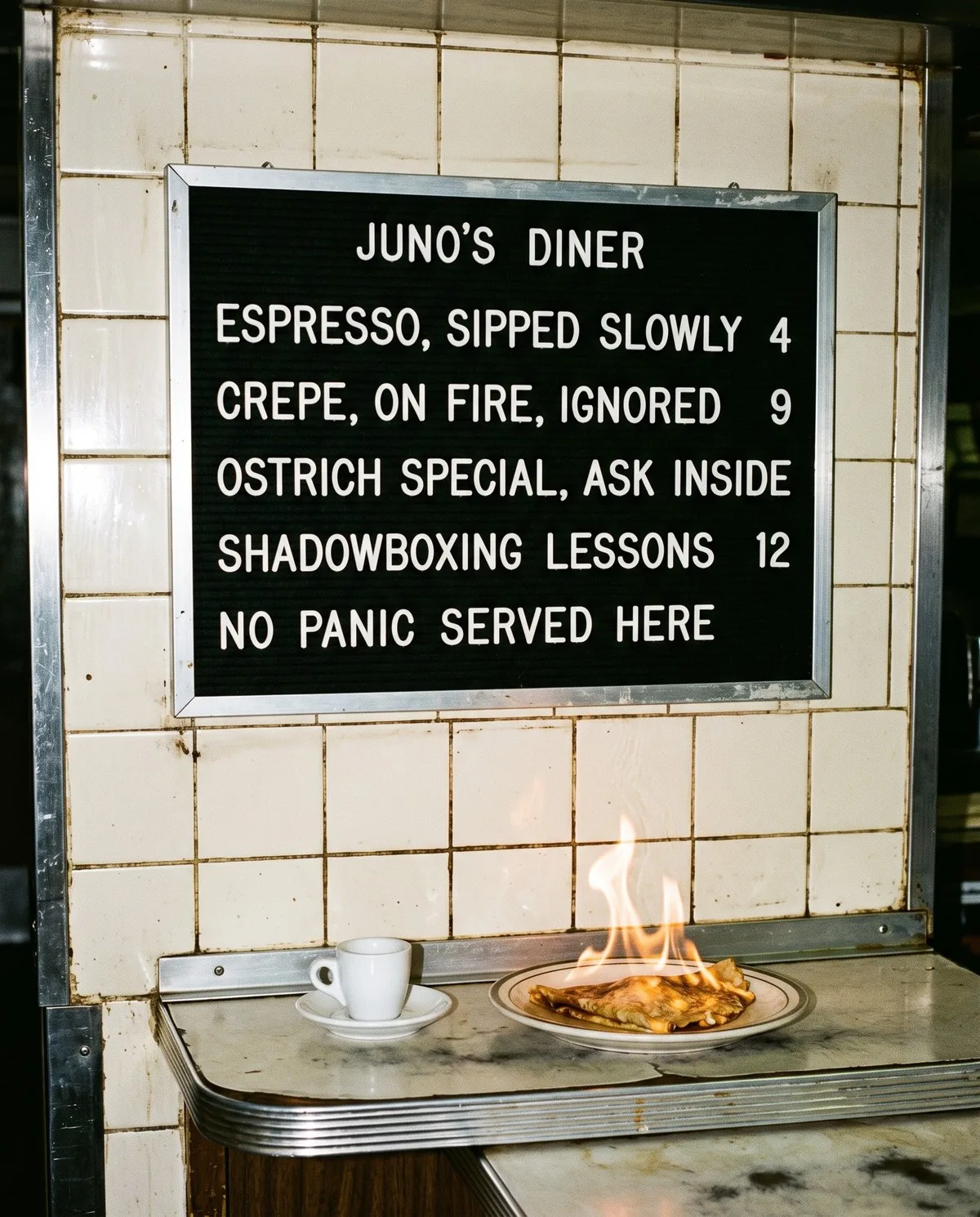 Um quadro de letras de feltro preto em uma parede de lanchonete com azulejos, lendo JUNO'S DINER, ESPRESSO, SIPPED SLOWLY 4, CREPE, ON FIRE, IGNORED 9, OSTRICH SPECIAL, ASK INSIDE, SHADOWBOXING LESSONS 12, NO PANIC SERVED HERE, com uma xícara de espresso e uma crepe em chamas abaixo