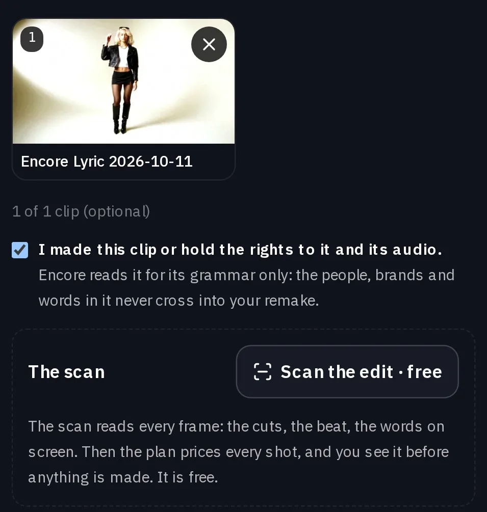 The Encore page on a phone: the uploaded edit, the ticked rights statement and the Scan the edit button