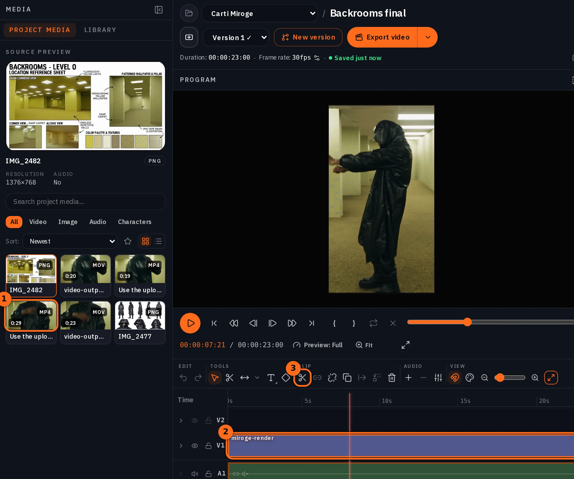 The Timeline editor with three numbered marks: the 29 second Miroge render in the Project Media column, the same render placed on lane V1, and the Split button in the toolbar, with the playhead near 8 seconds and the vertical render showing in the program monitor